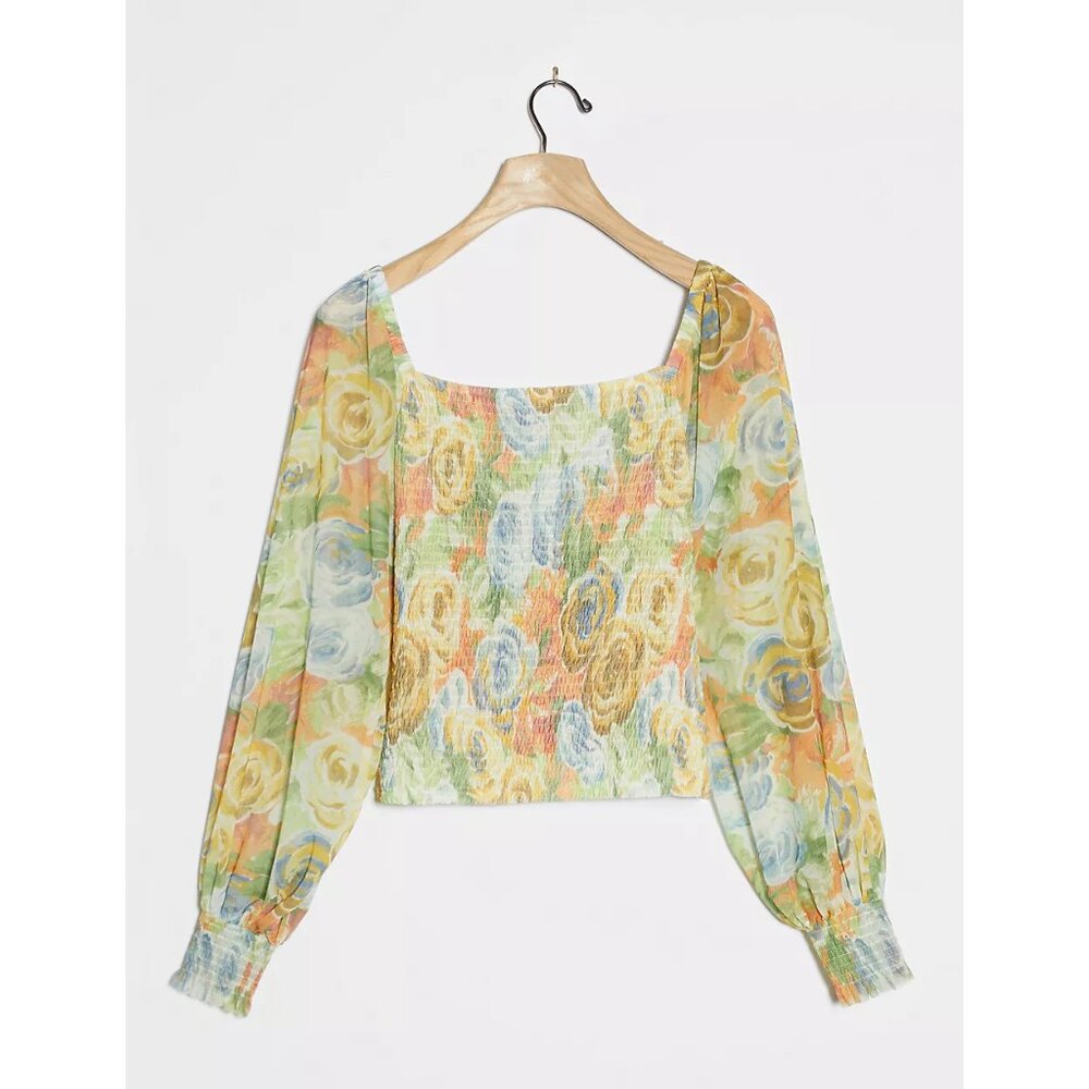 NWT By Anthropologie yellow floral smocked puff balloon sleeve top - Picture 2 of 5
